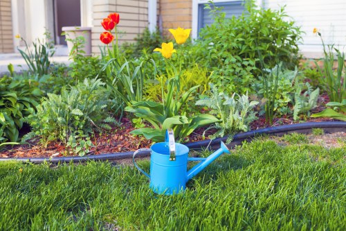 Garden clearance team removing overgrowth in a residential backyard