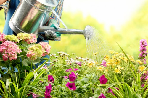 A gardener wearing gloves and using a silver watering can to tend to a variety of flowering plants in a garden setting. The foreground features vibrant pink, purple, and yellow flowers with lush green foliage, while a well-maintained lawn area stretches behind them. In the background, there are trees and shrubs, indicating a landscaped outdoor space likely in a residential garden. The scene is bathed in natural daylight, suggesting a clear and sunny day, and emphasizes elements such as flowering borders, grass areas, and garden planting, consistent with professional gardening and landscaping services offered by Hedge Trimming Kensington in the Kensington area. The image captures a tranquil garden environment ideal for outdoor maintenance and plant care, aligning with services focused on gardening, lawn care, and hedge trimming in the local area.