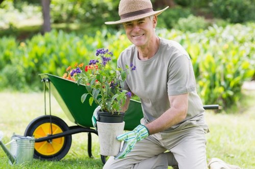 A gardener in a wide outdoor garden area with lush green grass and a background of hedge-lined borders and trees, is seen holding a potted plant with vibrant purple and red flowers. The gardener, wearing a wide-brimmed hat, light grey t-shirt, and gardening gloves, is kneeling on the grass beside a yellow-wheeled garden wheelbarrow filled with gardening tools and a watering can. The garden features neatly maintained grass, clear paving or gravel paths, and a general sense of well-kept outdoor space, indicative of professional gardening and hedge trimming services in Kensington. Natural daylight and mild weather conditions highlight the fresh, green foliage and flowering plants, emphasizing the importance of outdoor maintenance to enhance garden aesthetics and health.