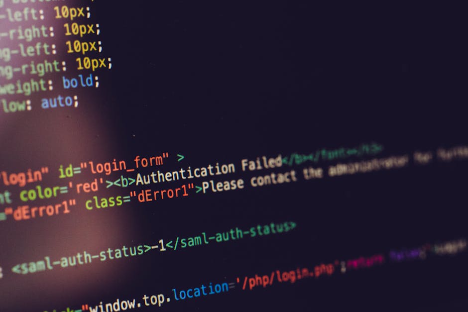 A close-up view of a computer screen displaying HTML code in a code editor, with various lines of text highlighted in different colors such as yellow, blue, green, orange, and red. The code includes t